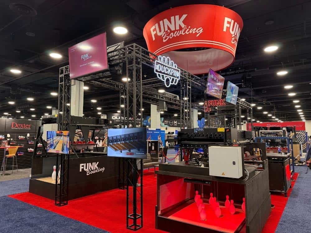 Funk Bowling pinsetter machine showcase at Bowl Expo 2026 featuring duckpin, ninepin, commercial tenpin, and USBC-certified string pinsetter systems.