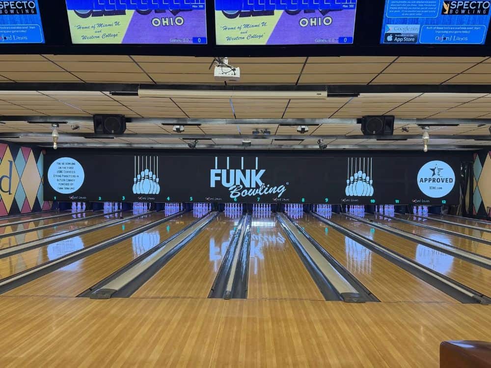 Twelve string pin bowling lanes at Oxford Lanes in Ohio, featuring Funk Bowling pinsetters and USBC-approved equipment.